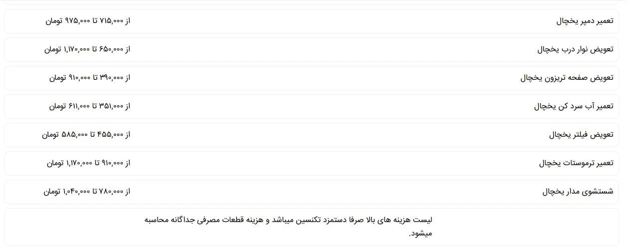 لیست-هزینه-تعمیر-یخچال