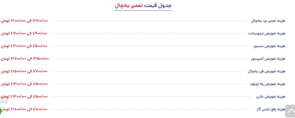 جدول قیمت تعمیر یخچال